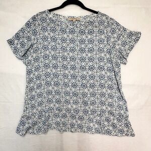 LOFT Petites Large Blue White Medallion Floral Ruffle Back Blouse Top  469105